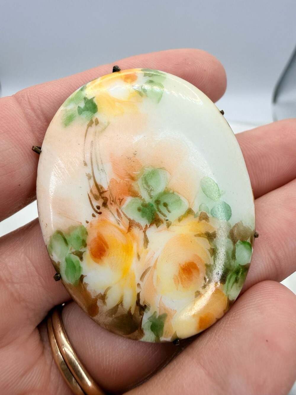 Antique Victorian Hand Painted Porcelain Floral Rose Brooch